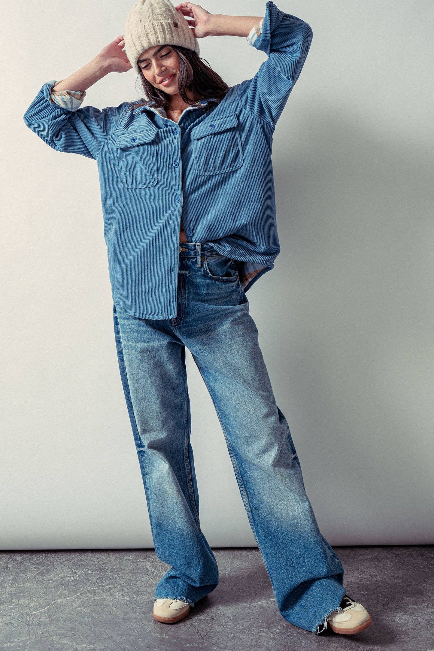 Soft Blue Corduroy with Plaid Flannel-Lined Shacket