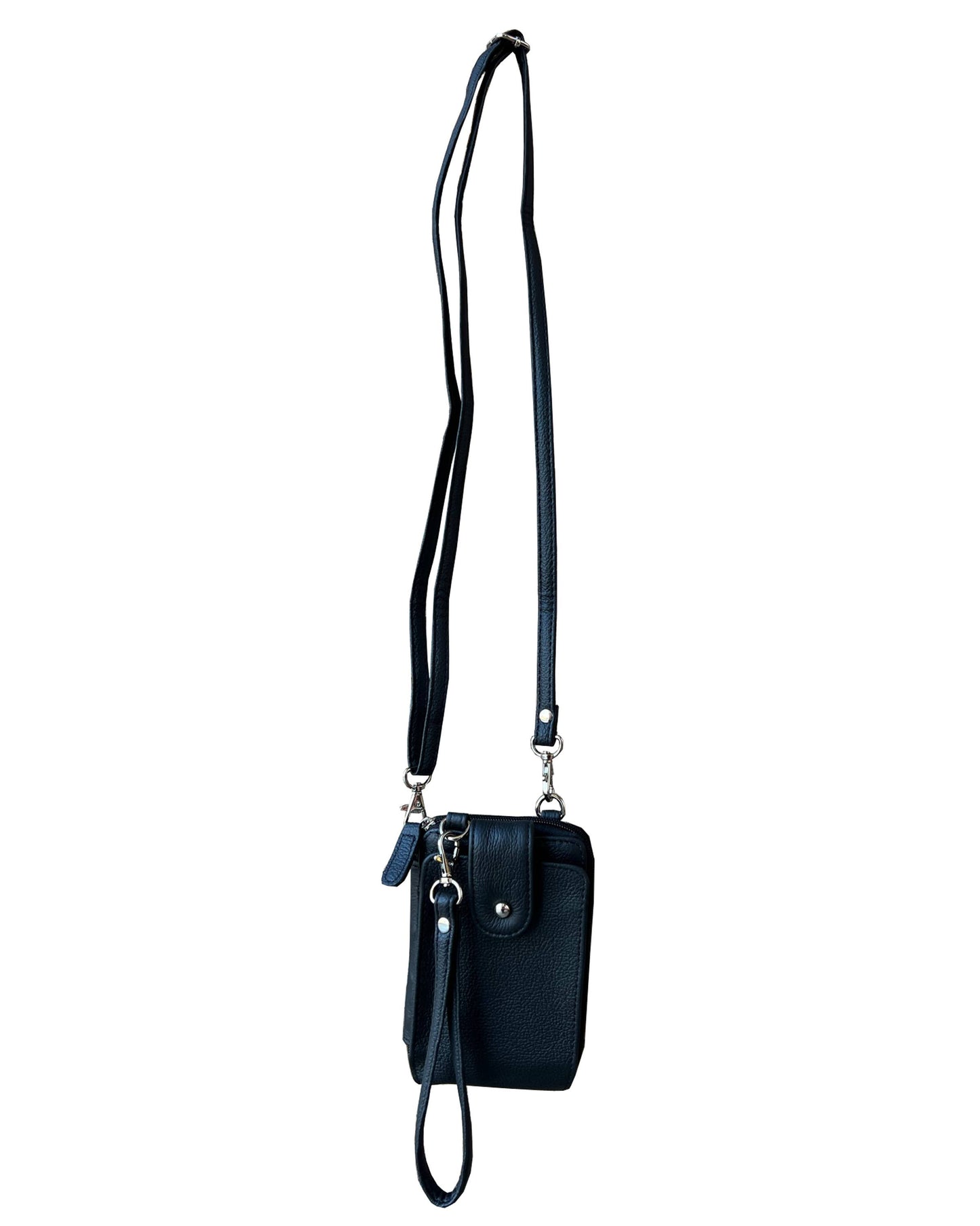 Black Leather Phone Bag with Credit Card Slots and Adjustable Strap