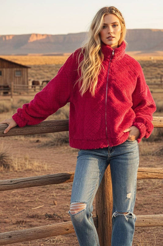 Fuchsia Faux Fur Zip Up Jacket- 161679