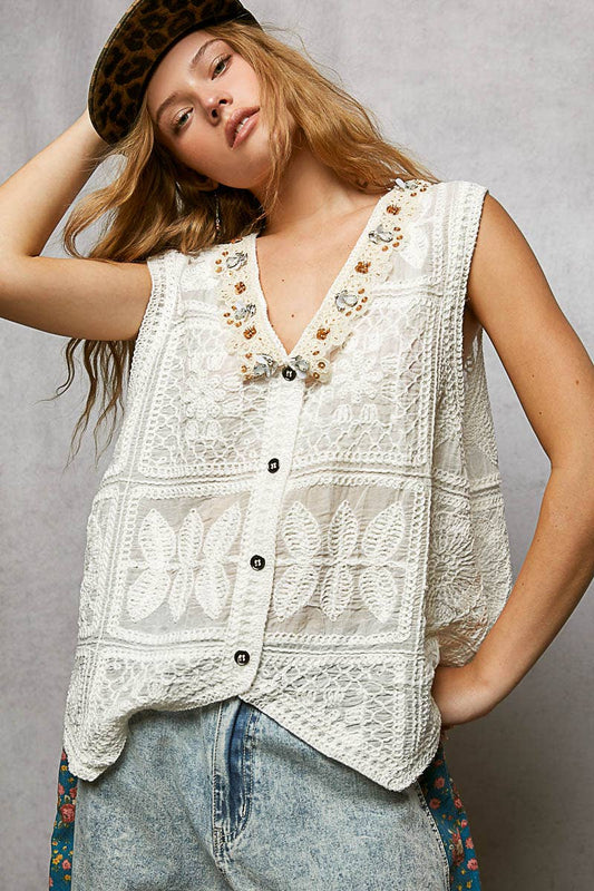 Off White Boho Crochet Lace Trim Embellishment Vest Top-141210