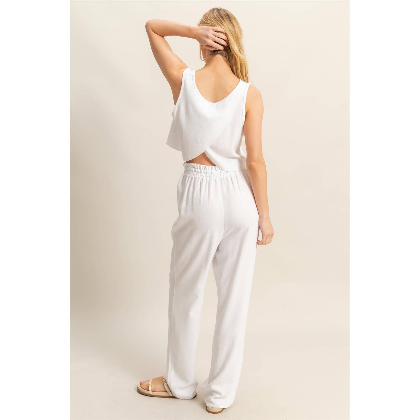 Off White Cropped Tank Top And Pants Set