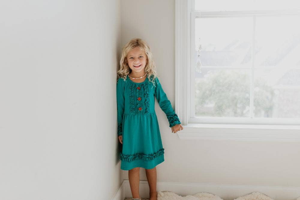 Dark Teal Long Sleeve with Ruffles and Buttons Dress