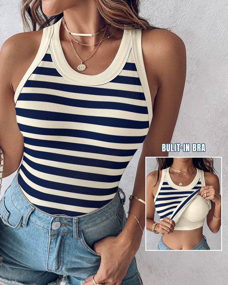 Blue and Cream Striped Ribbed Padded Bra Tank- 180462