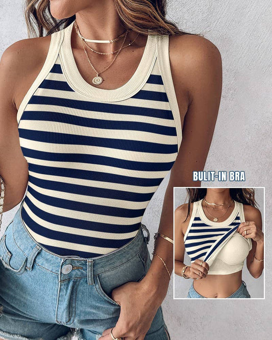 Blue and Cream Striped Ribbed Padded Bra Tank- 180462