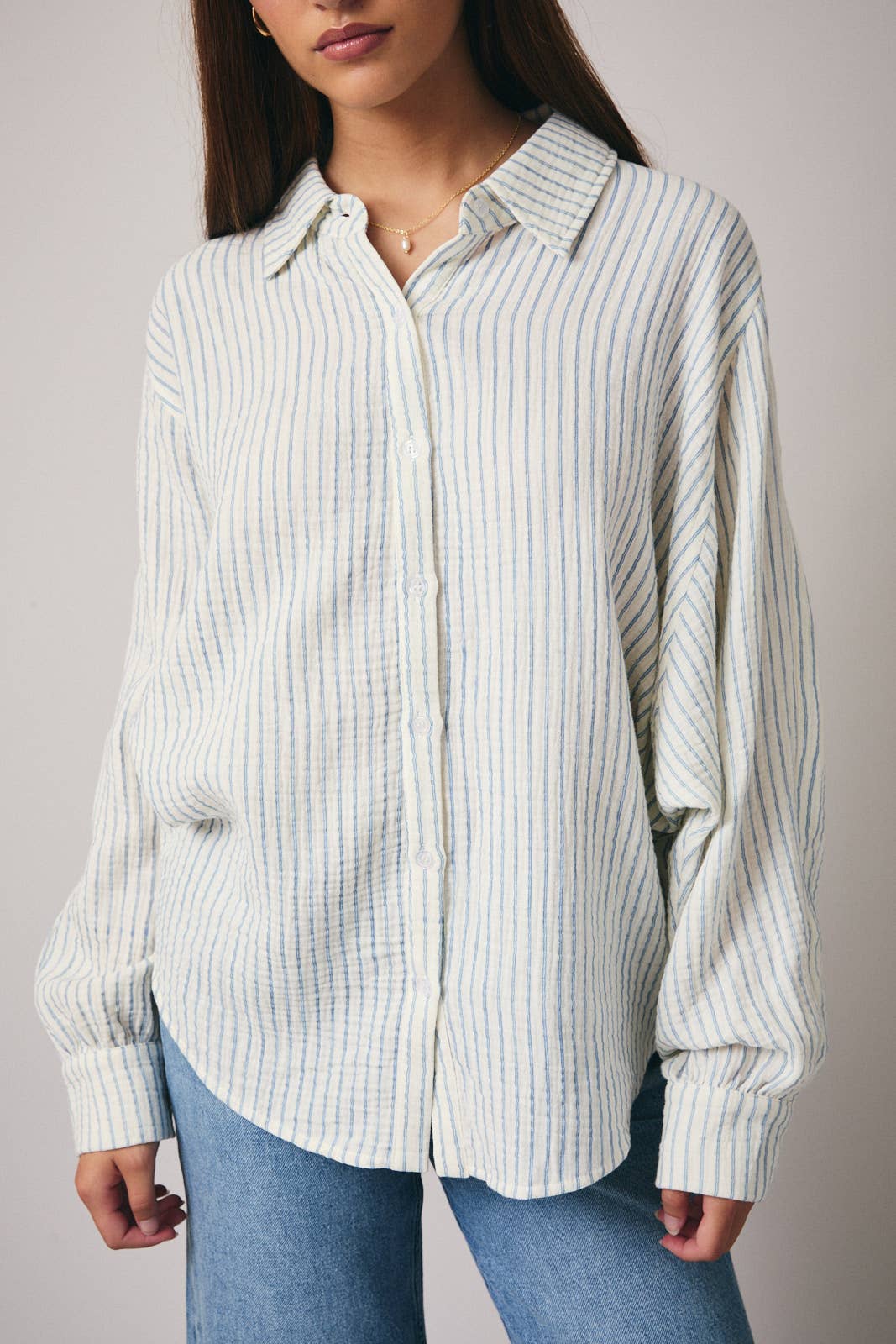 Blue and White Stripe Gauze Button Down Top