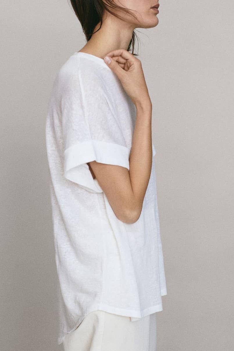 White Natural Core cotton linen blend tee relaxed fit crew - 146415