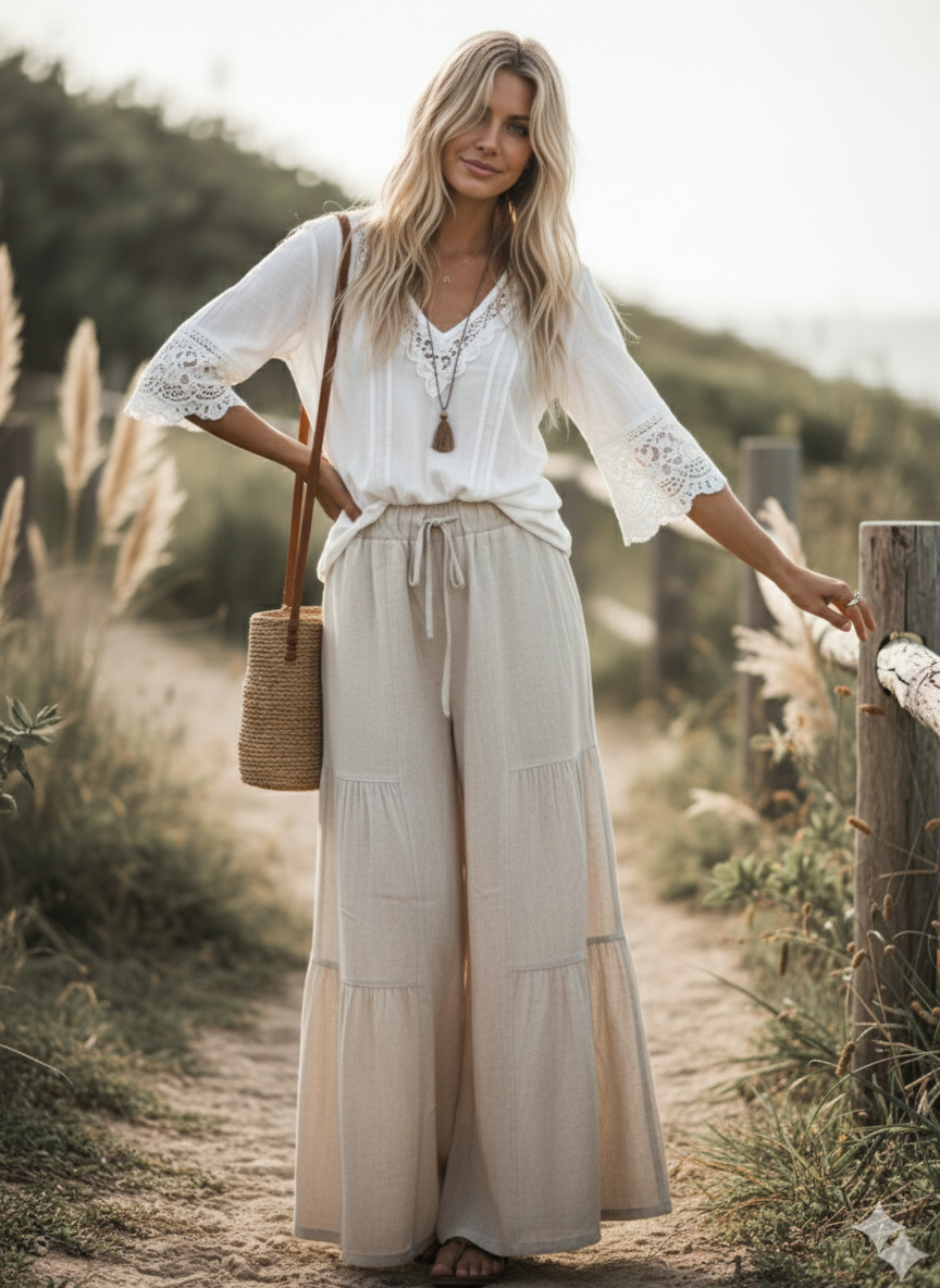 Natural Linen Blend Wide Leg Palazzo Pants-132214