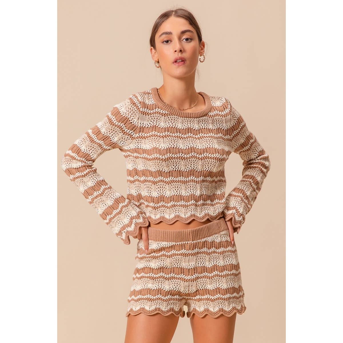 Black Combo Crochet Knitted Scallop Edge Top- 141137