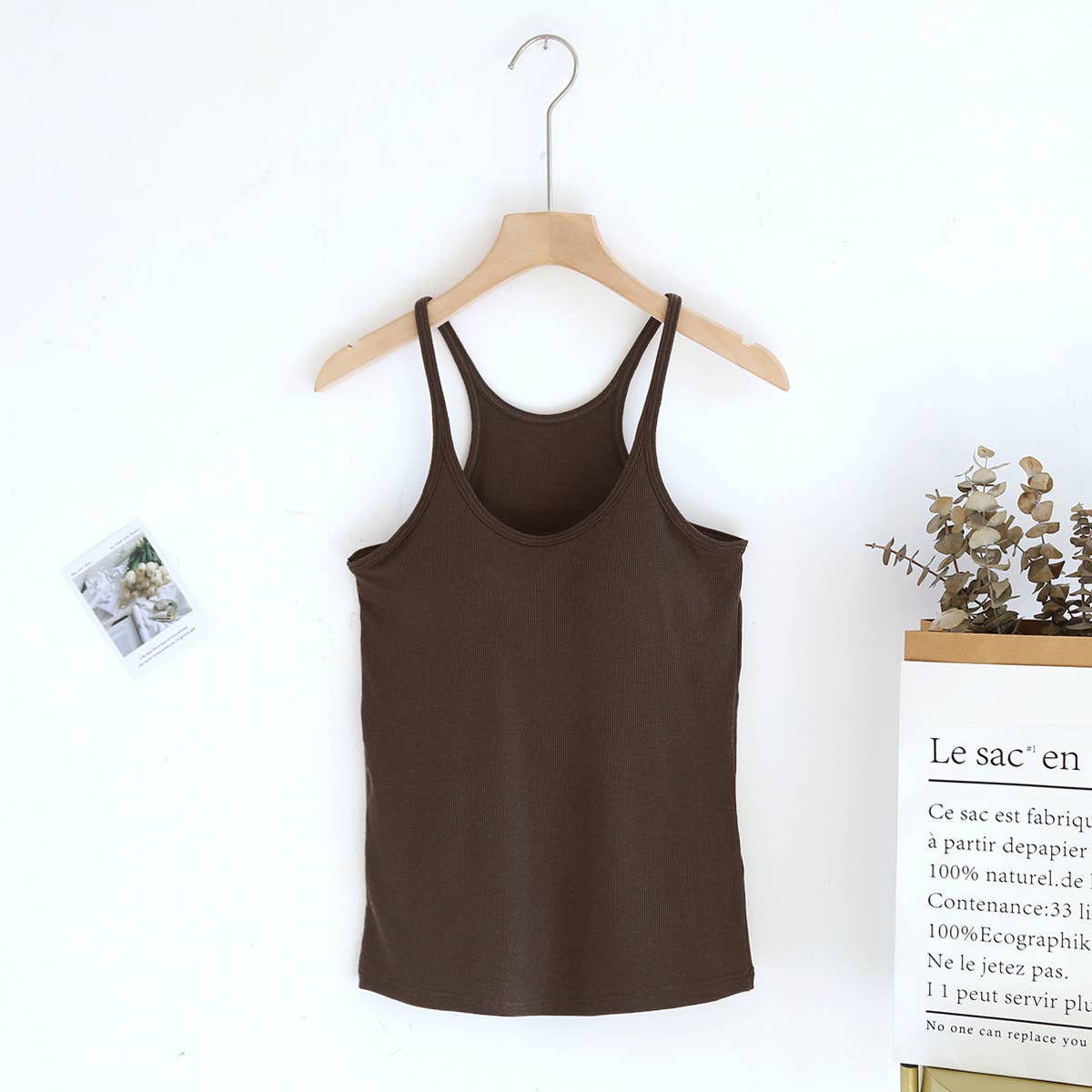 Beige athletic Spoon U-neck built-in bra rib tank top