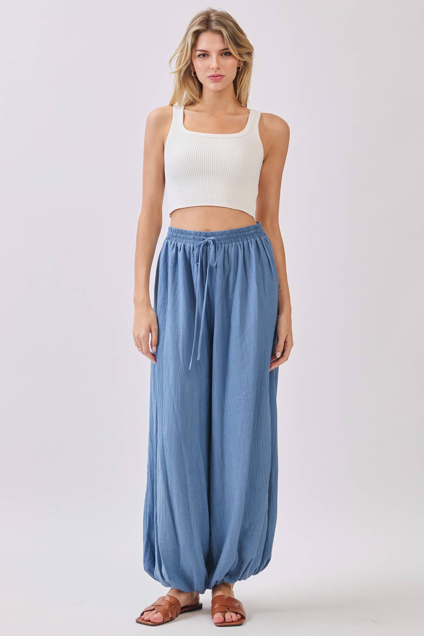 Slate Blue Flowy Gathered Wide Leg Pants