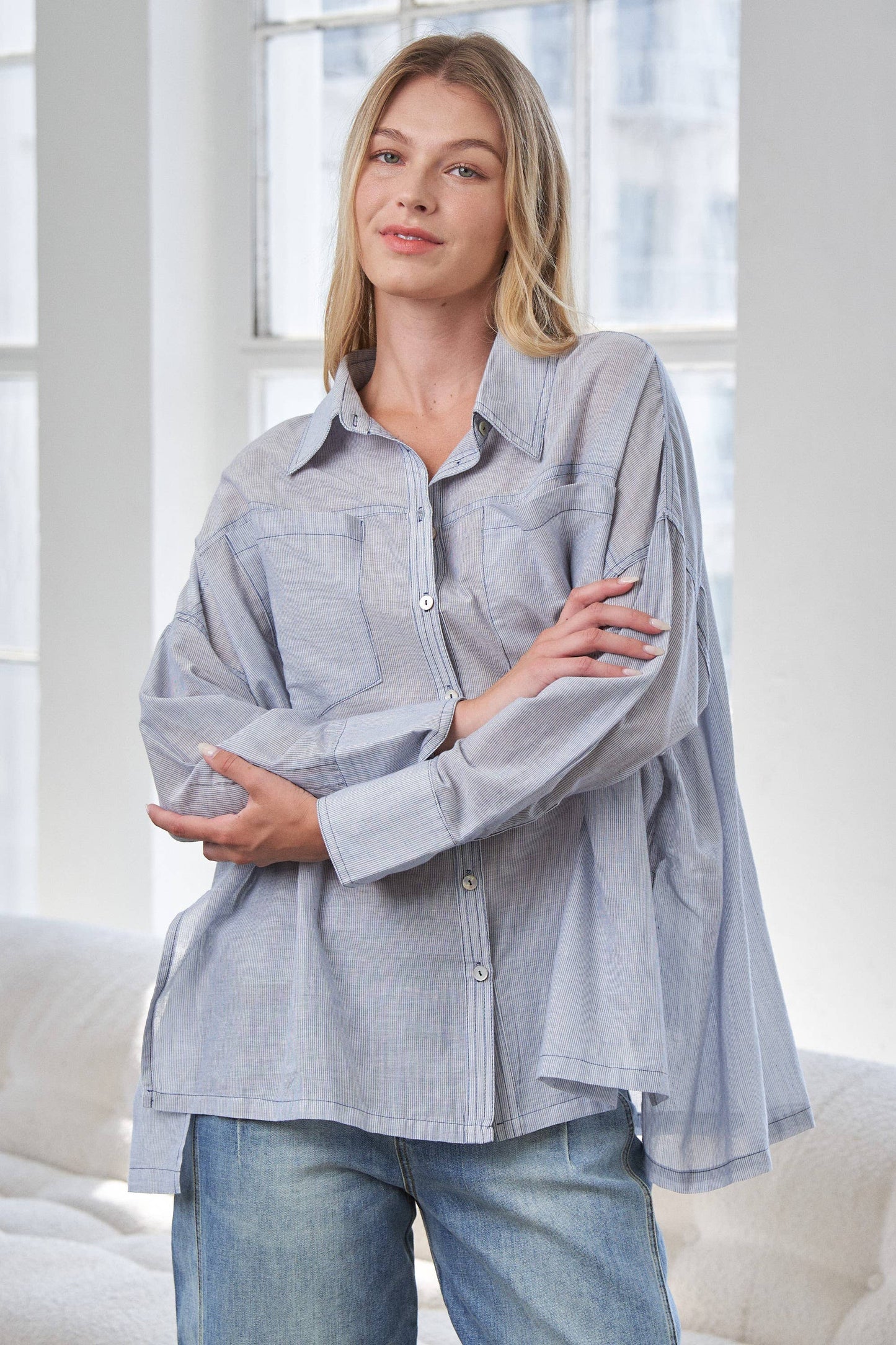 Blue Mira Oversized Button-Up Shirt- 141117