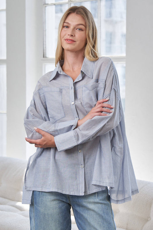 Blue Mira Lightweight Cotton Oversized Button-Up Shirt