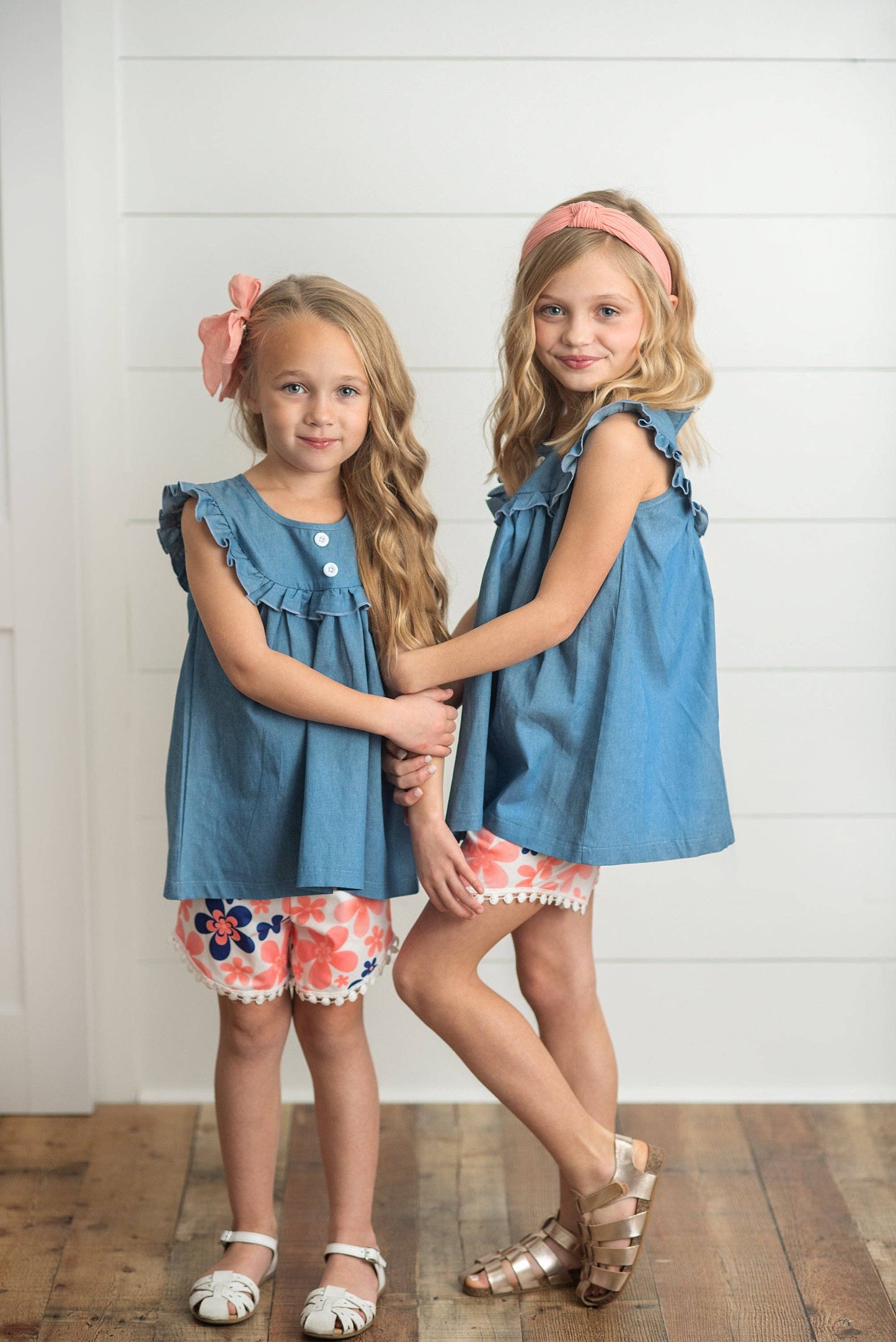 Girls Denim Flutter Top and Coral Floral Ruffle Short Set-171426