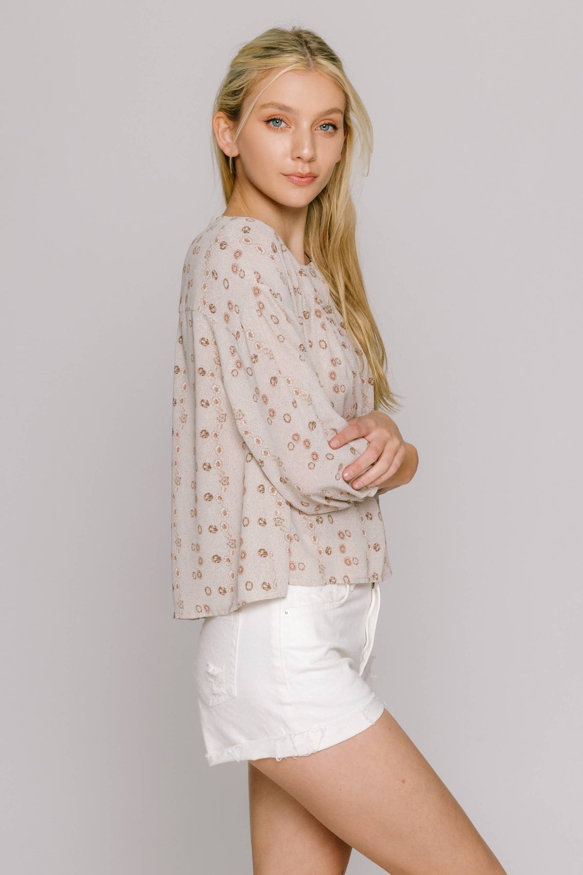 Taupe Floral Print Flowy Blouse -143052