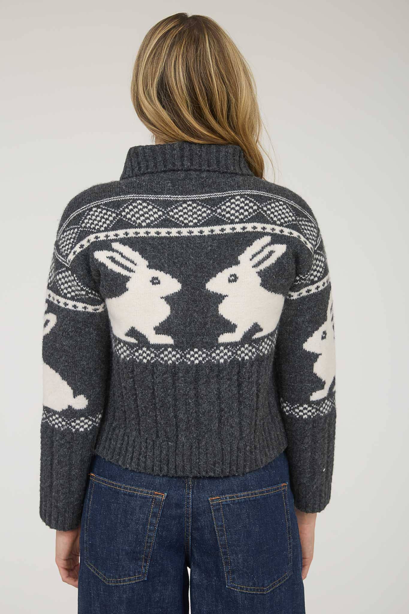 Charcoal and White with Bunny Detail Jacquard Collared Knit Cardigan