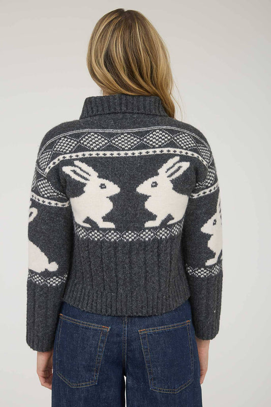 Charcoal and White with Bunny Detail Jacquard Collared Knit Cardigan