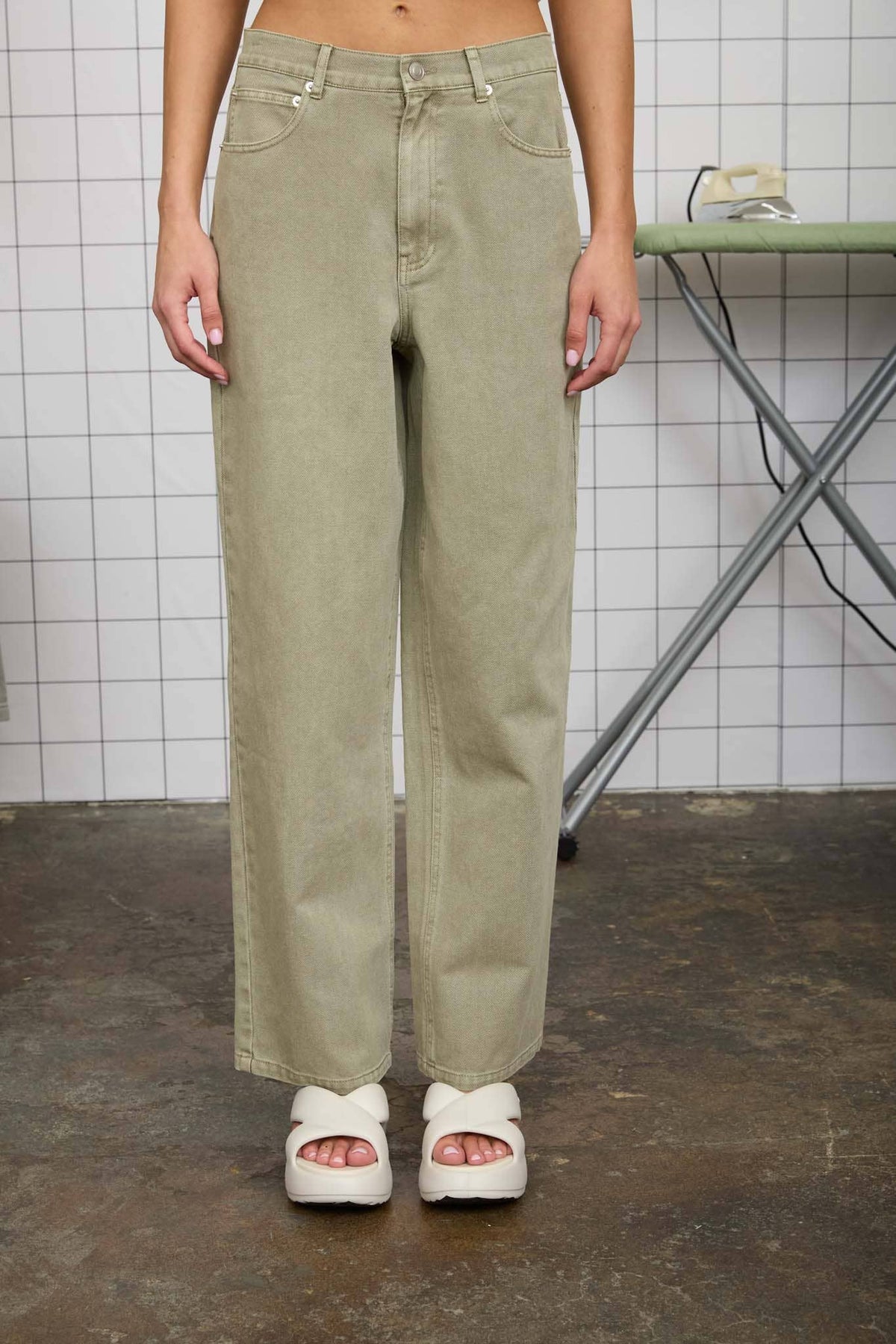 Light Olive Washed Wide Leg Jeans-131022