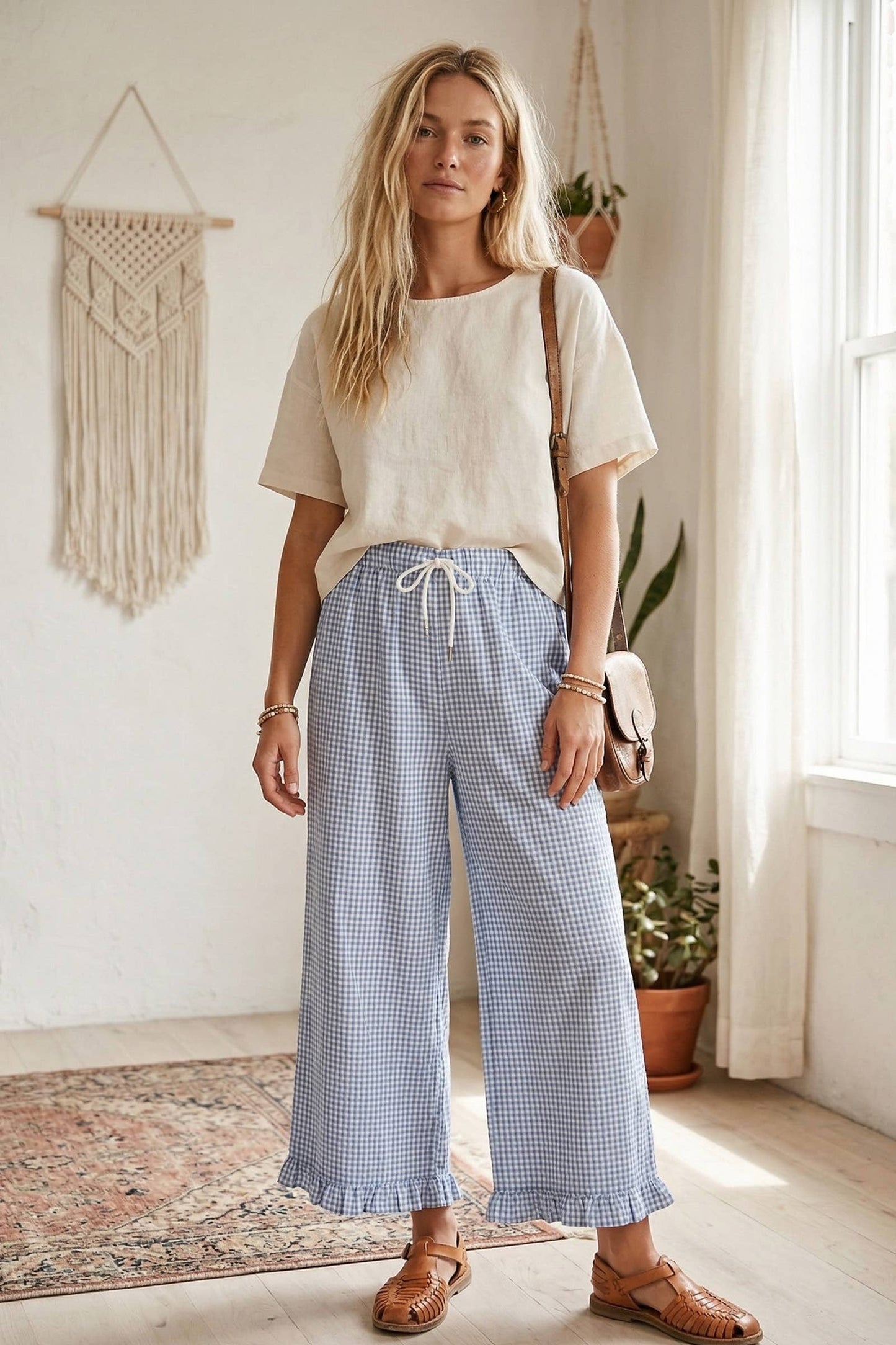 Blue Checkered Gingham Fully Lined Pants-132287