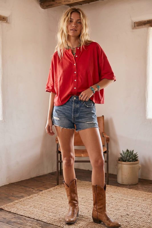 Red Oversized Button Front Lightweight Top-142283
