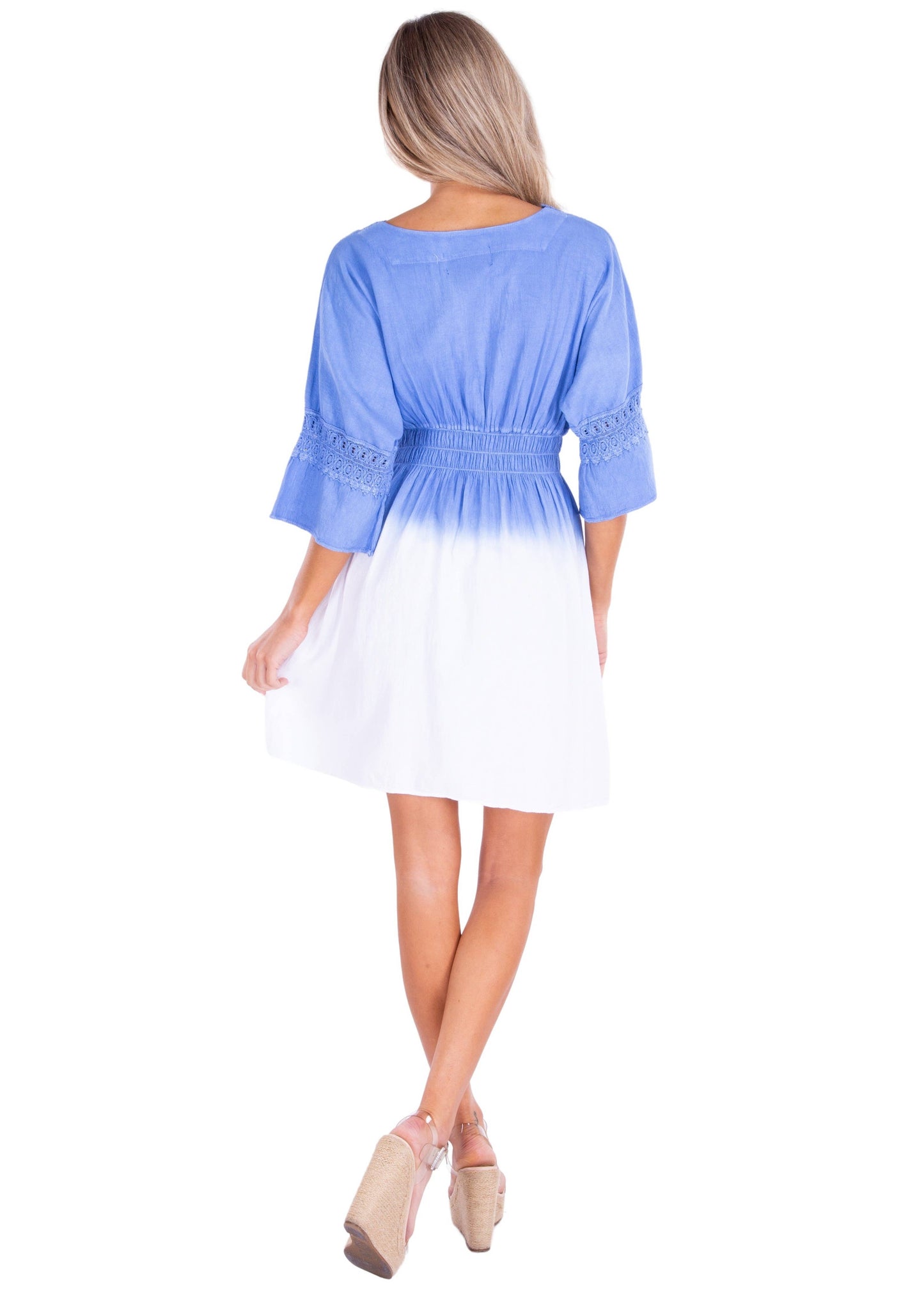 Ocean Blue and White Delicate Detailed Cotton Dress- 121085