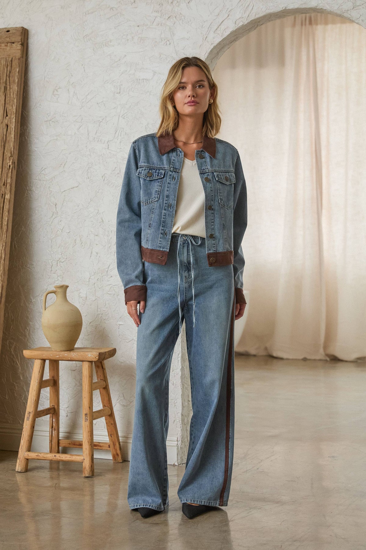 Denim Jacket w/ Faux Suede Contrast-166731