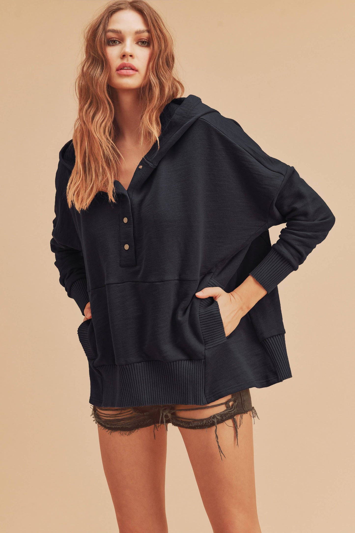 Beige Vivi Hoodie Pullover with Front Pouch Pocket and Thumb Hole Cuffs