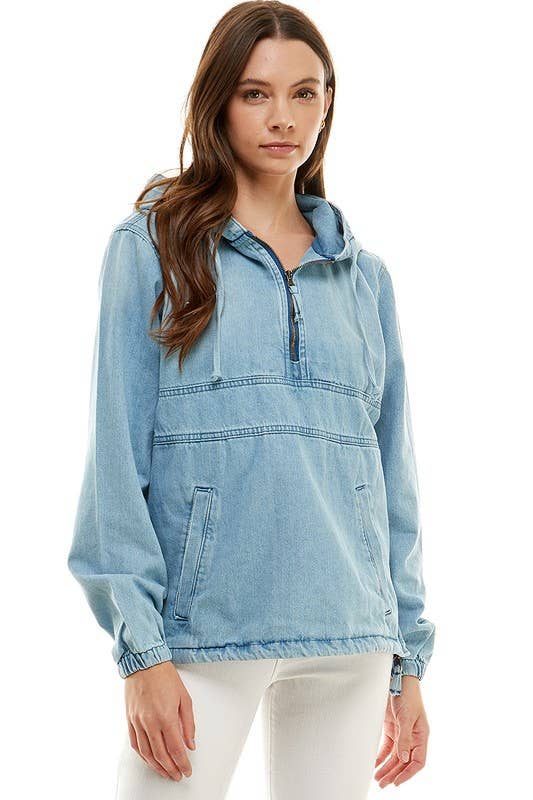 Light Washed Denim Hooded Pullover
