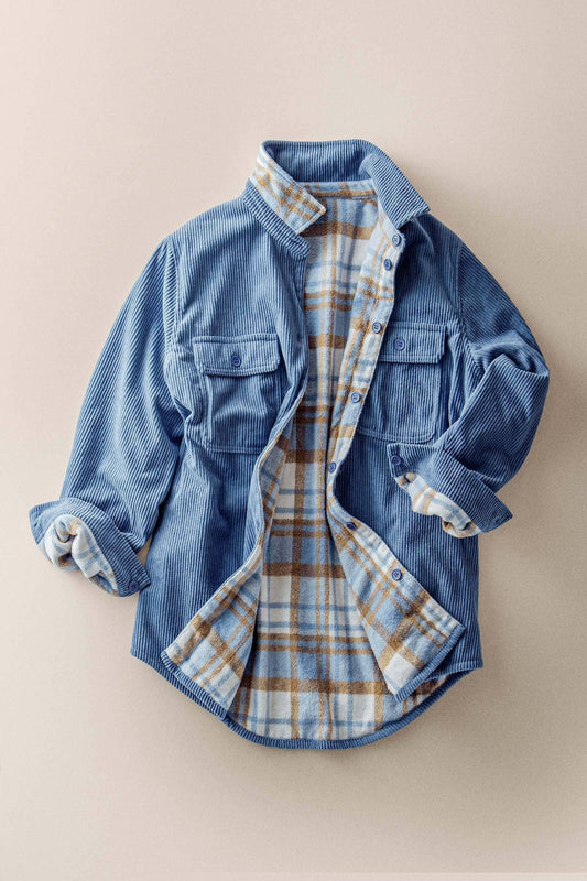 Soft Blue Corduroy with Plaid Flannel-Lined Shacket