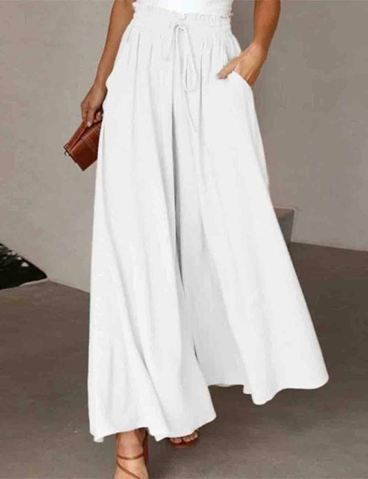 White Elastic Tie Waist Wide Flowy Leg Pants-135240