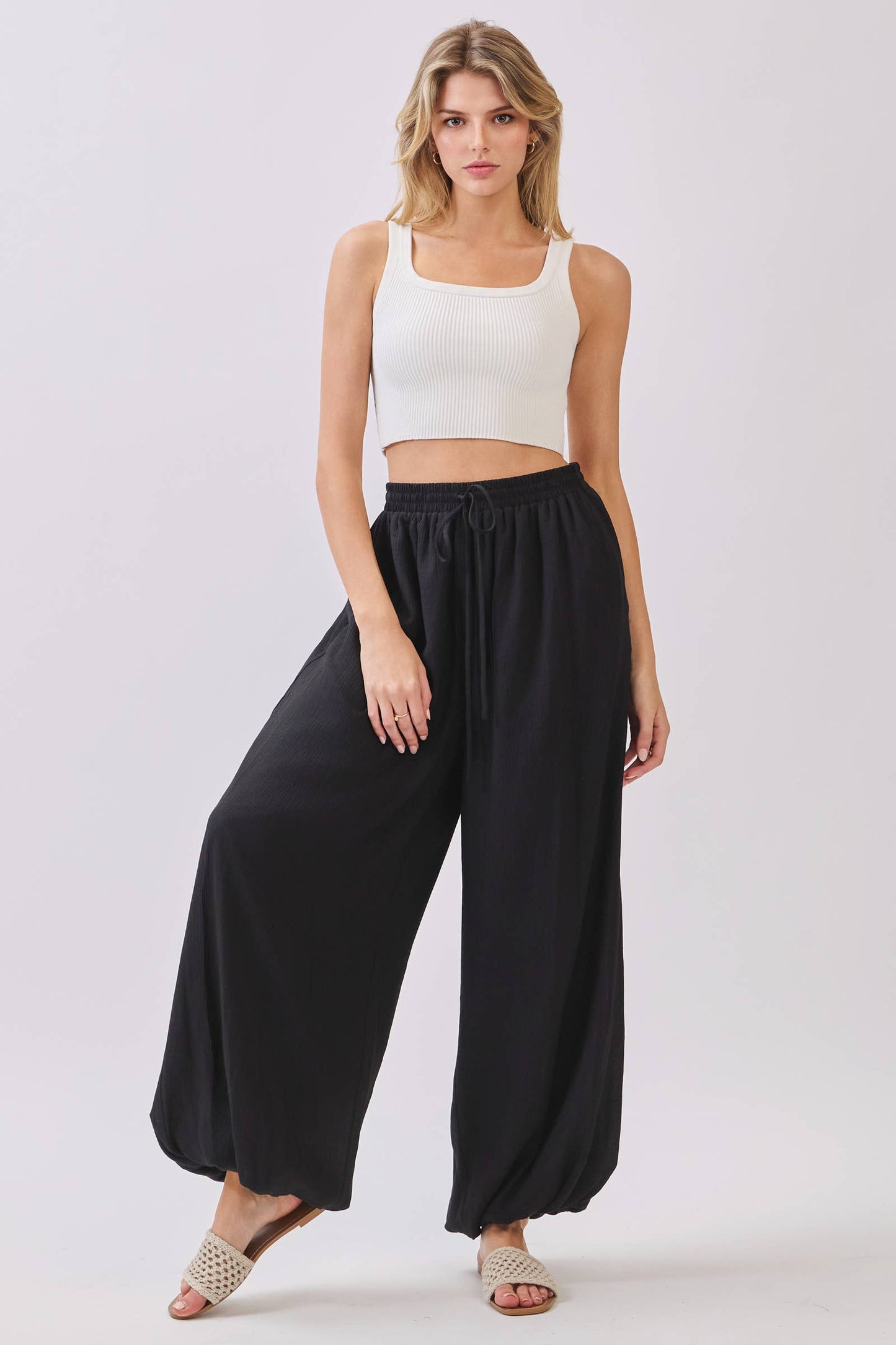 Black Lined Flowy Gathered Wide Leg Pants