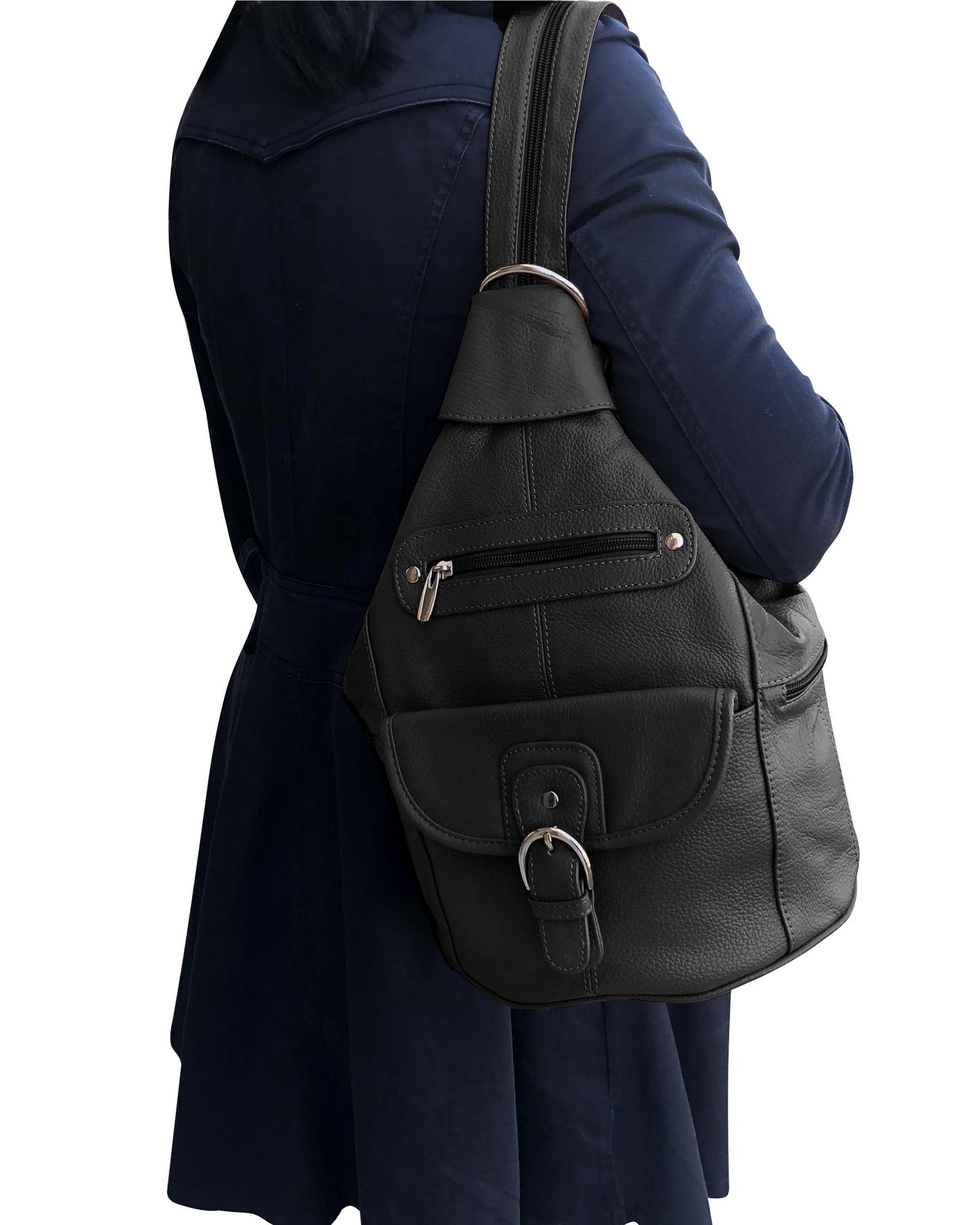 Brown / Black Leather Backpack with Multiple Compartments Mid Size