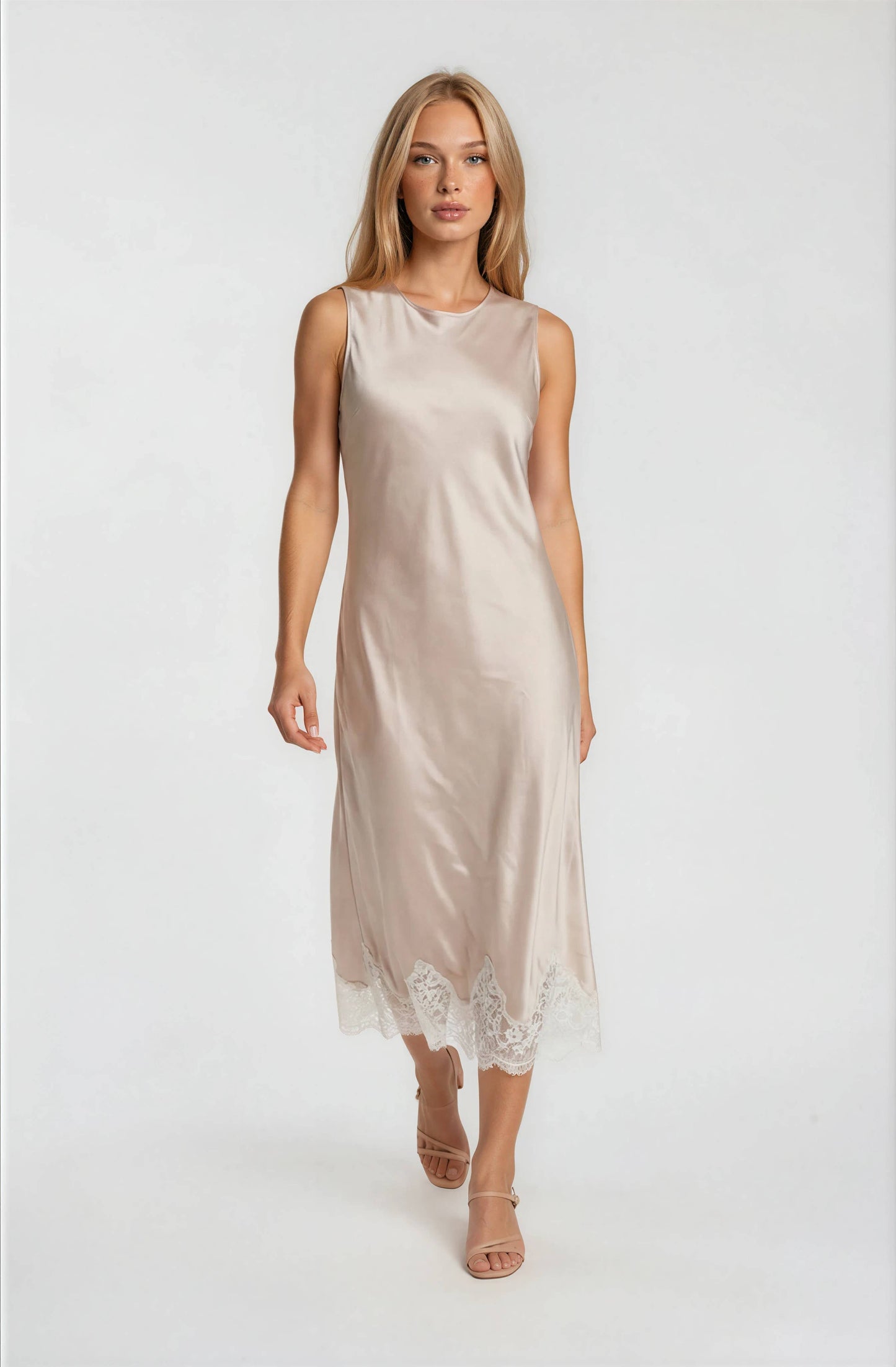 Champagne Satin Dress w/ Lace Trim Detail-124333