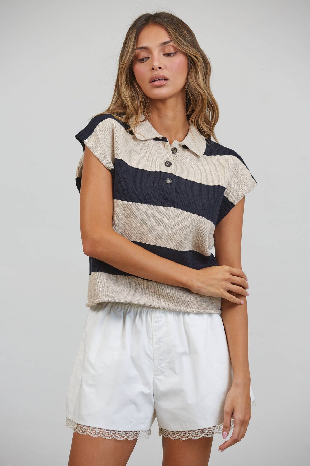 Beige & Black Striped Cotton Polo Sweater Top-145939