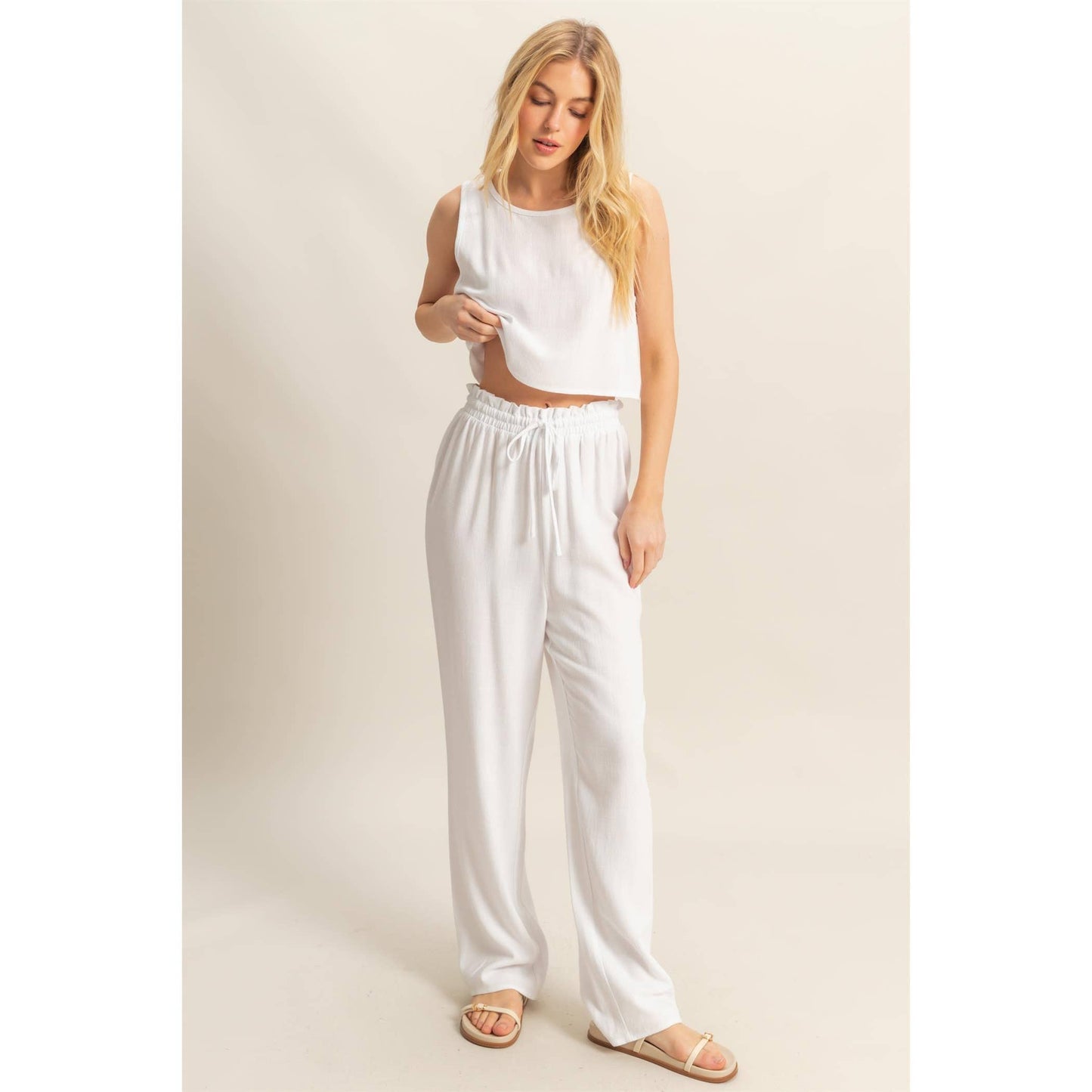 Off White Cropped Tank Top And Pants Set