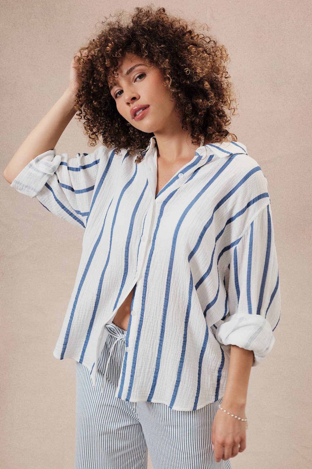 White and Blue Stripe Dolman Long Sleeve Button Down Shirt- 140647