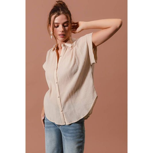 Oatmeal Woven Dolman Button Up Shirt- 141227