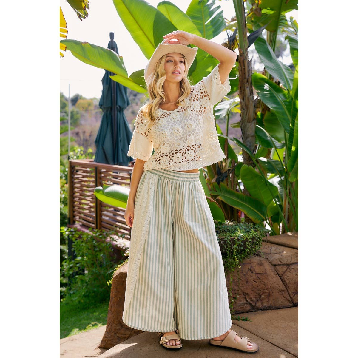 Black and White Stripe and Eyelet Side Wide Leg Pants-131889