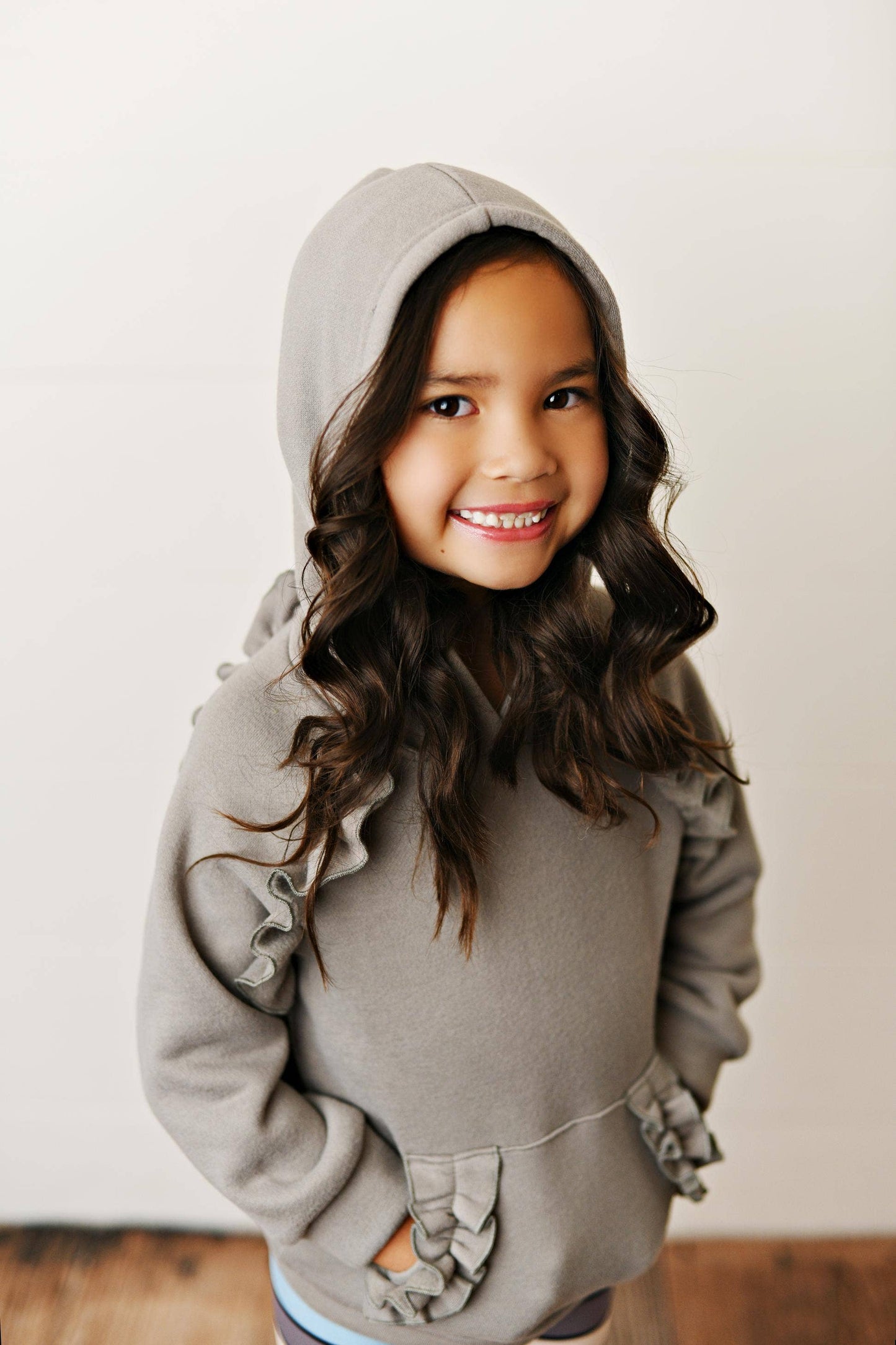 Gray Ruffle Hoodie and Rainbow Stripe Leggings Set