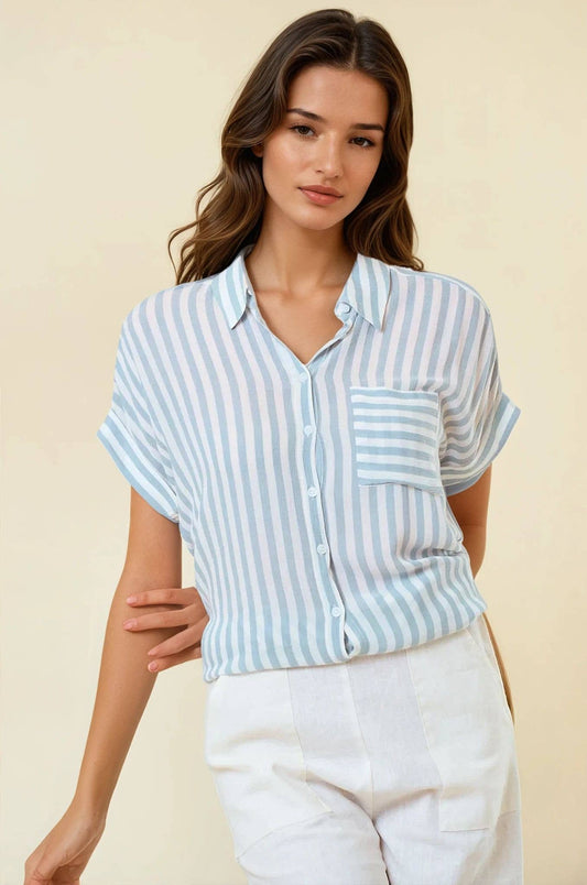 White and Dusty Blue Striped Shirt w/ Rolled Cuffs- 144132