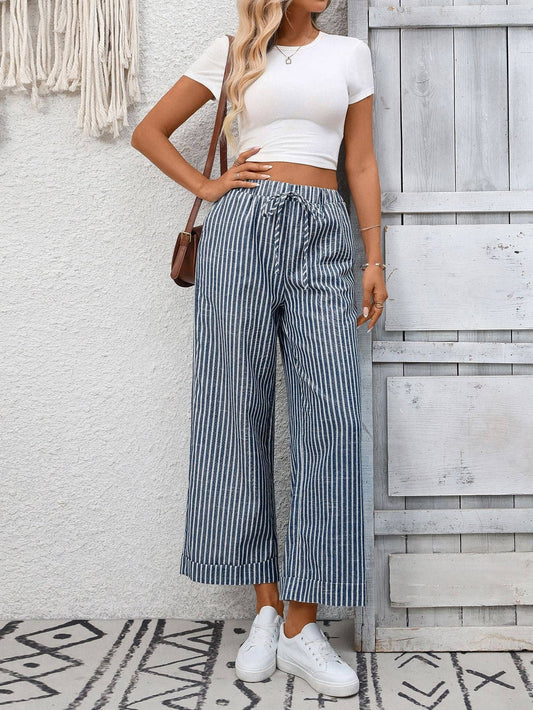 Navy Striped Cropped Pants-135033