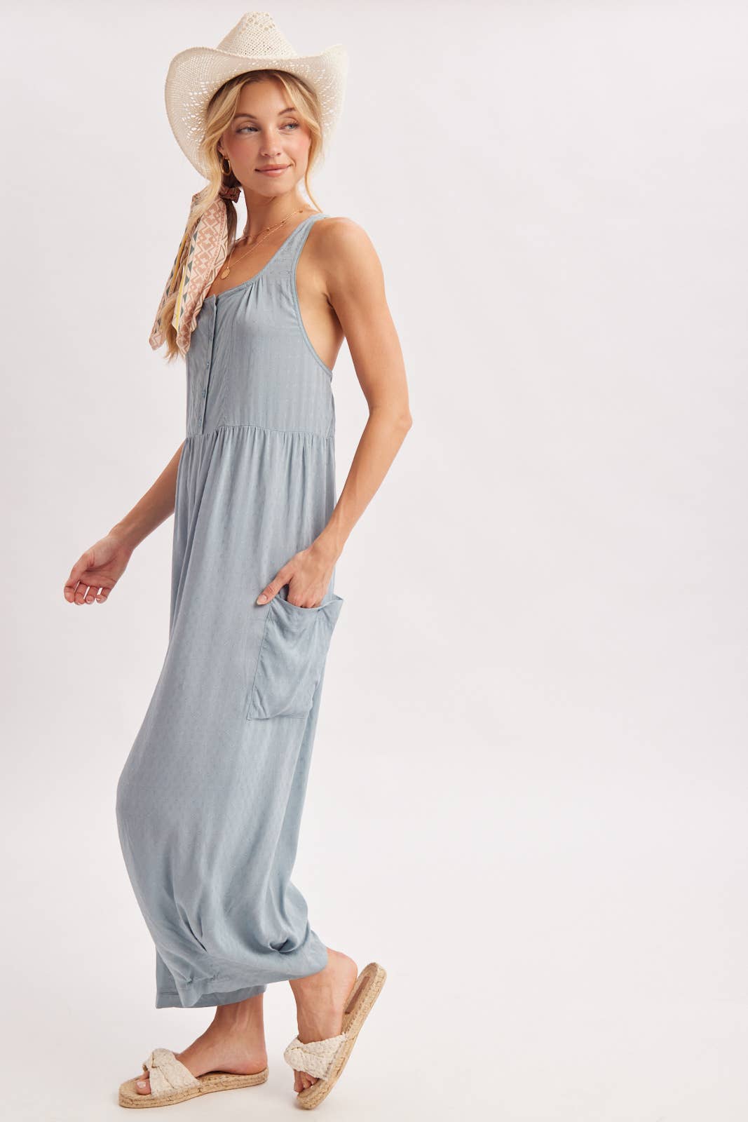 Chambray Boho Cross-Back Jumpsuit-133181