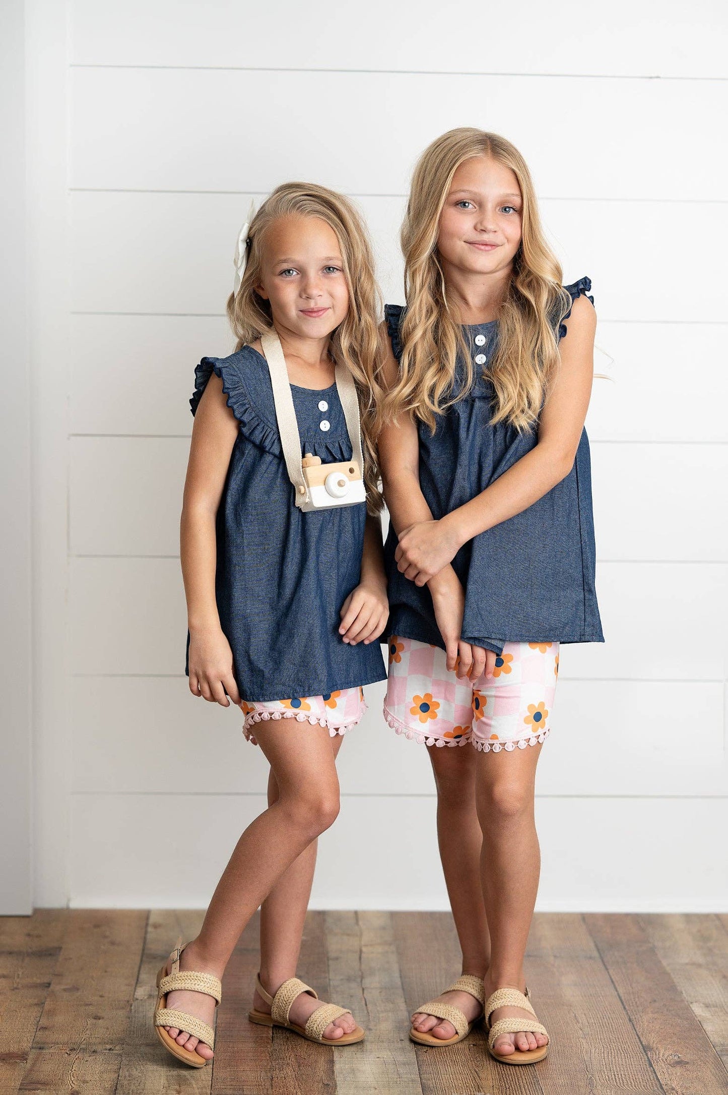 Girls Dark Denim Ruffle Top & Retro Flower Check Short Set-171428
