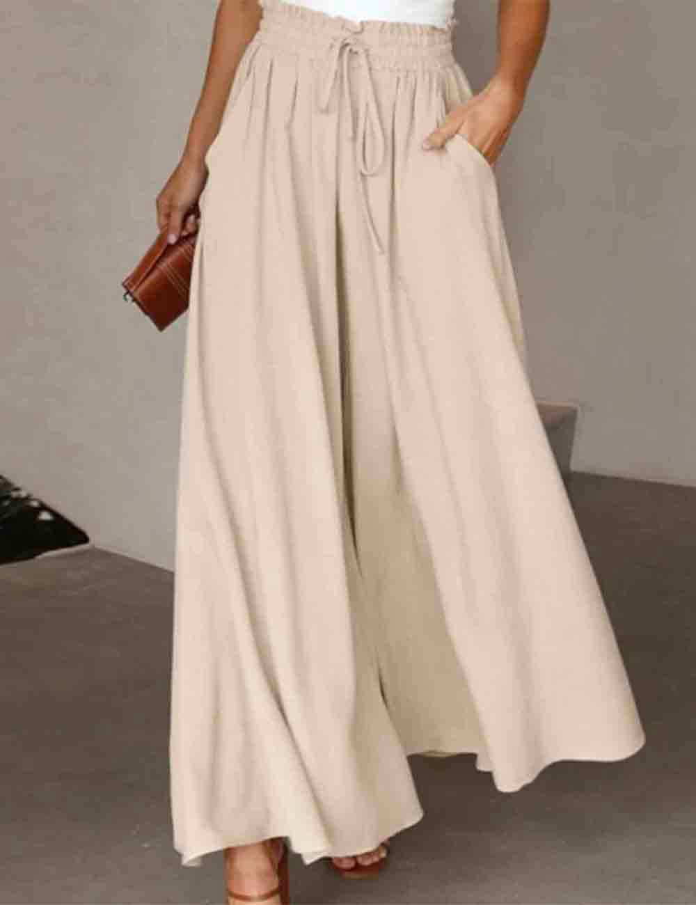 White Elastic Waist Wide Leg Pants-135240