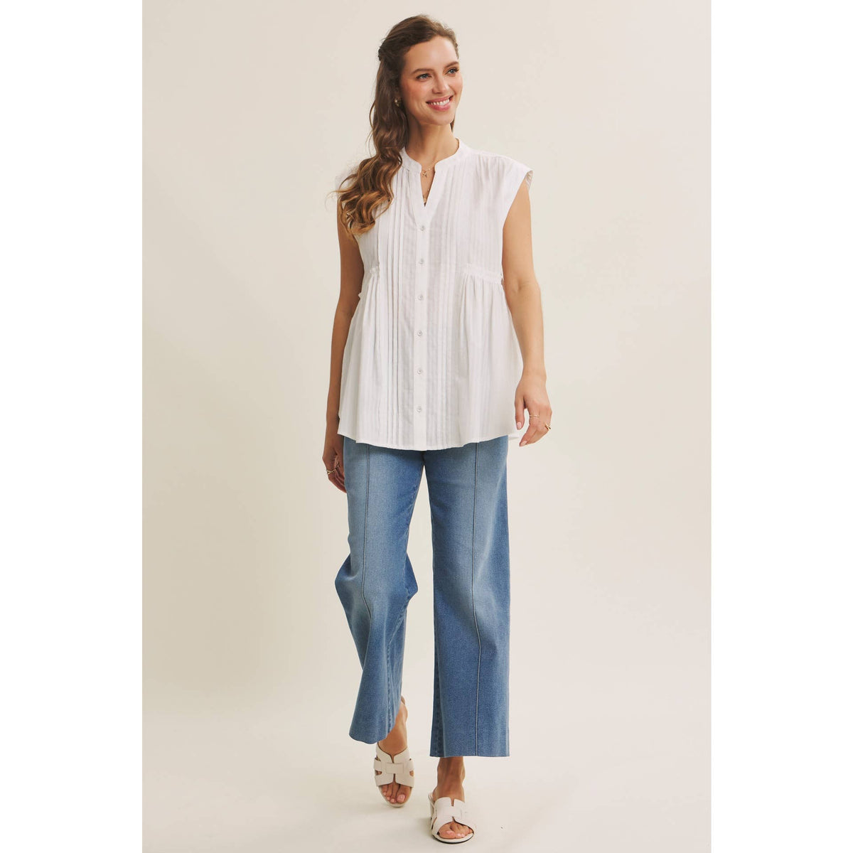 White Cotton Pleated Button Down Tunic Shirt- 142947