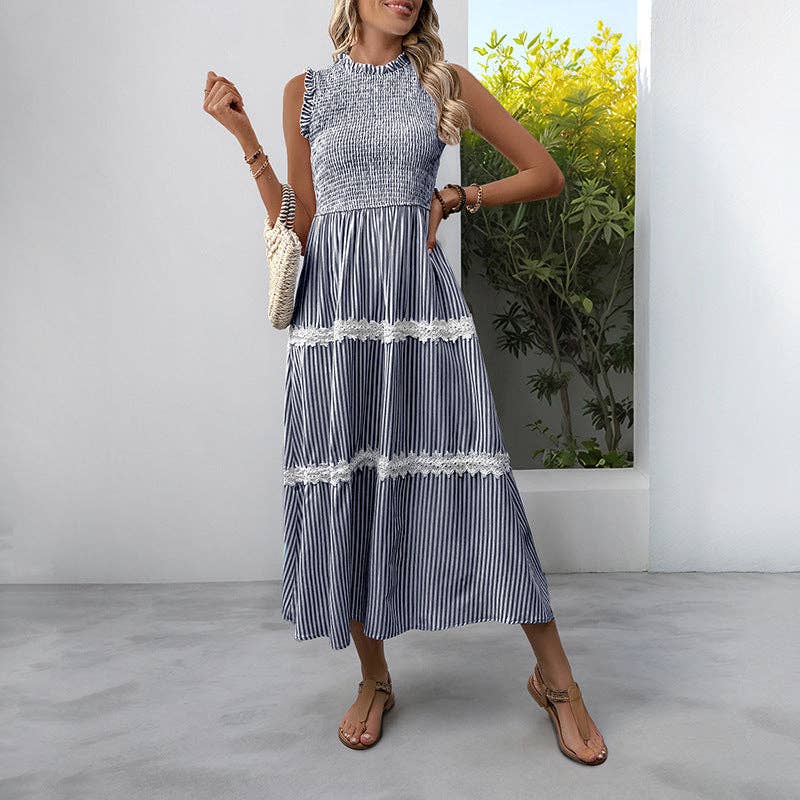 Navy Striped with White Lace Trim Detail Sleeveless Midi Dress - 129412