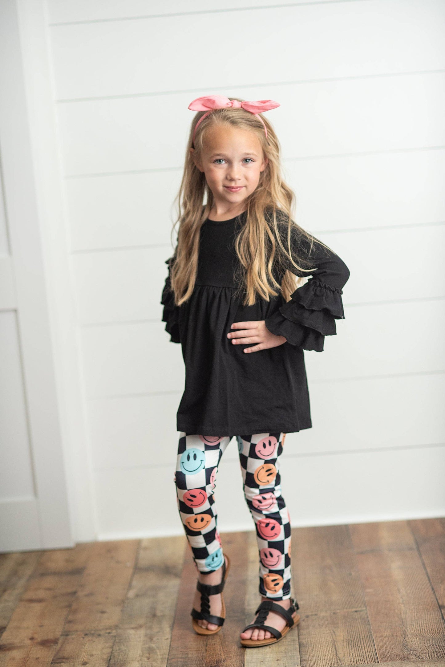 Black Ruffle Top with Black & White Check Smiley Face Leggings Set