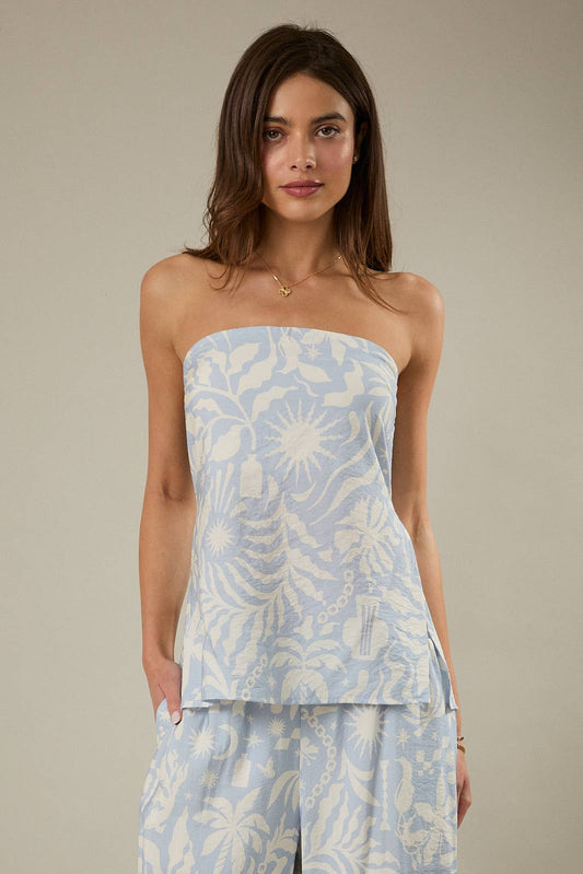 Periwinkle and Cream Abstract Strapless Top- 142094