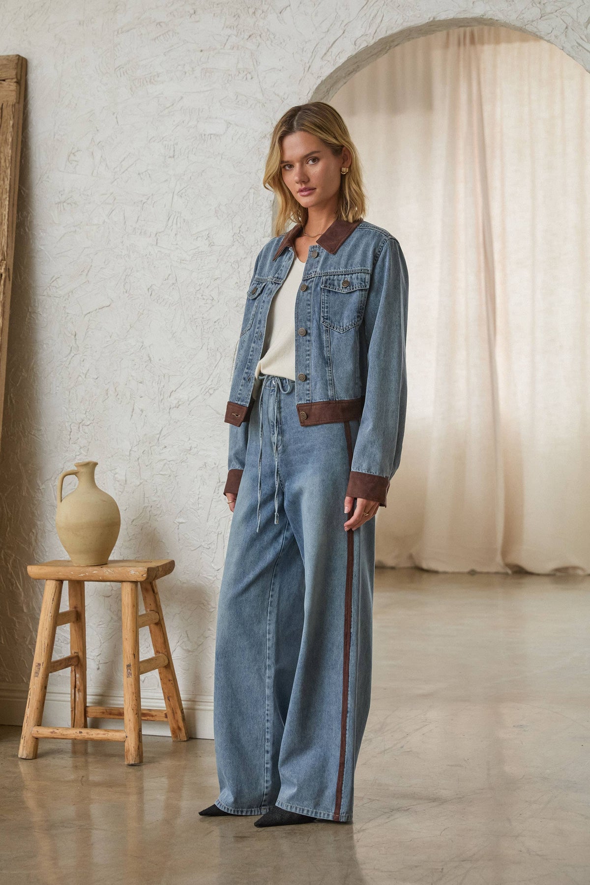 Denim Jacket w/ Faux Suede Contrast-166731