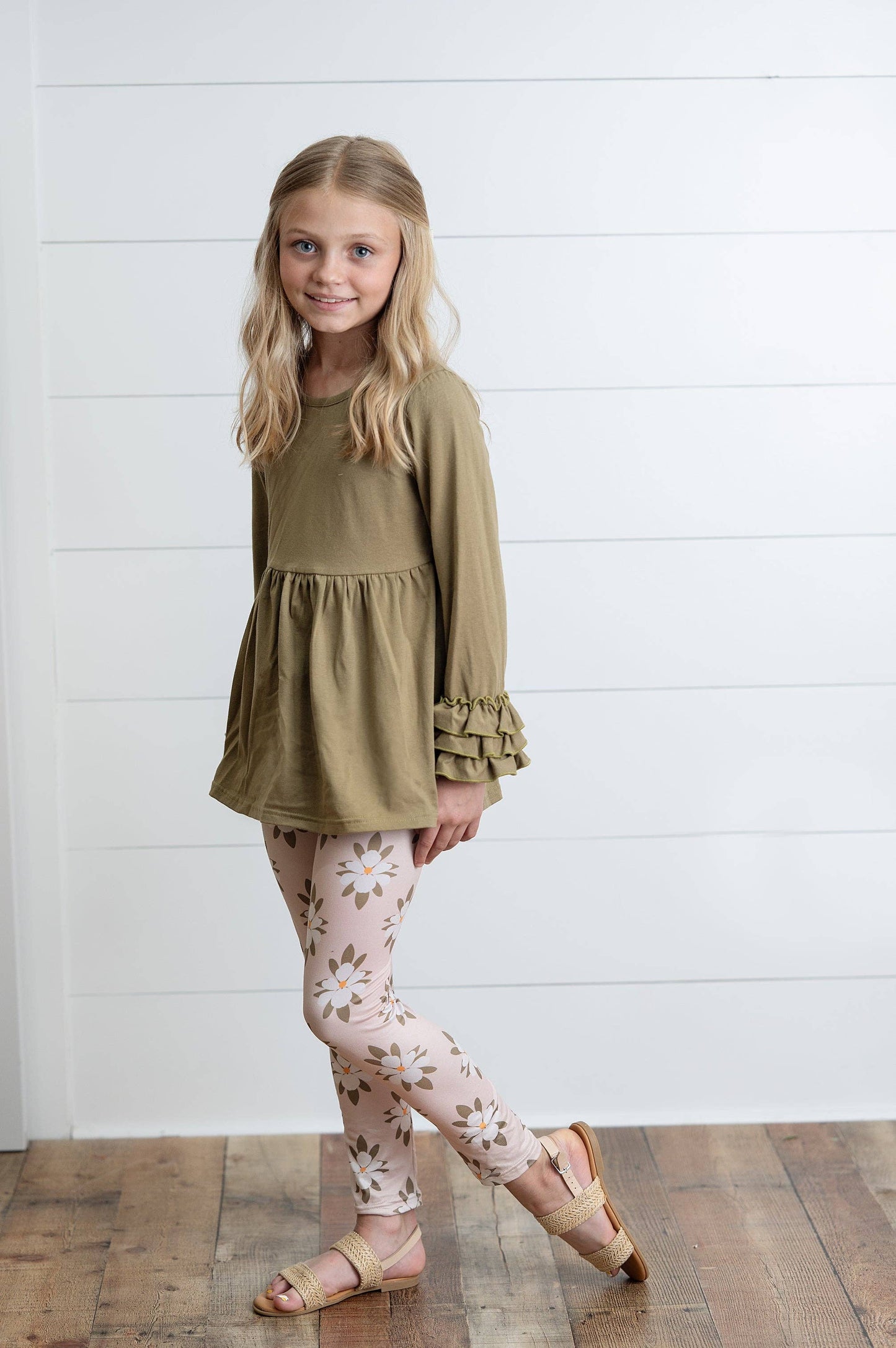 Sage Green 3 Ruffles Cotton Shirt & Floral Leggings Set
