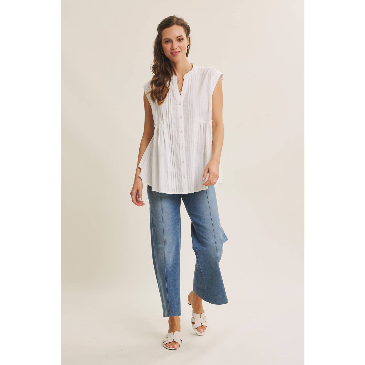 White Cotton Pleated Button Down Tunic Shirt- 142947